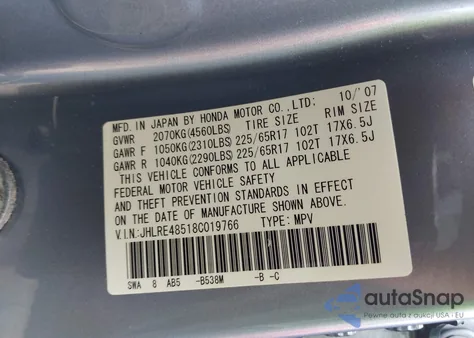 2008 Honda Cr-V Ex from USA, damaged, VIN JHLRE48518C019766